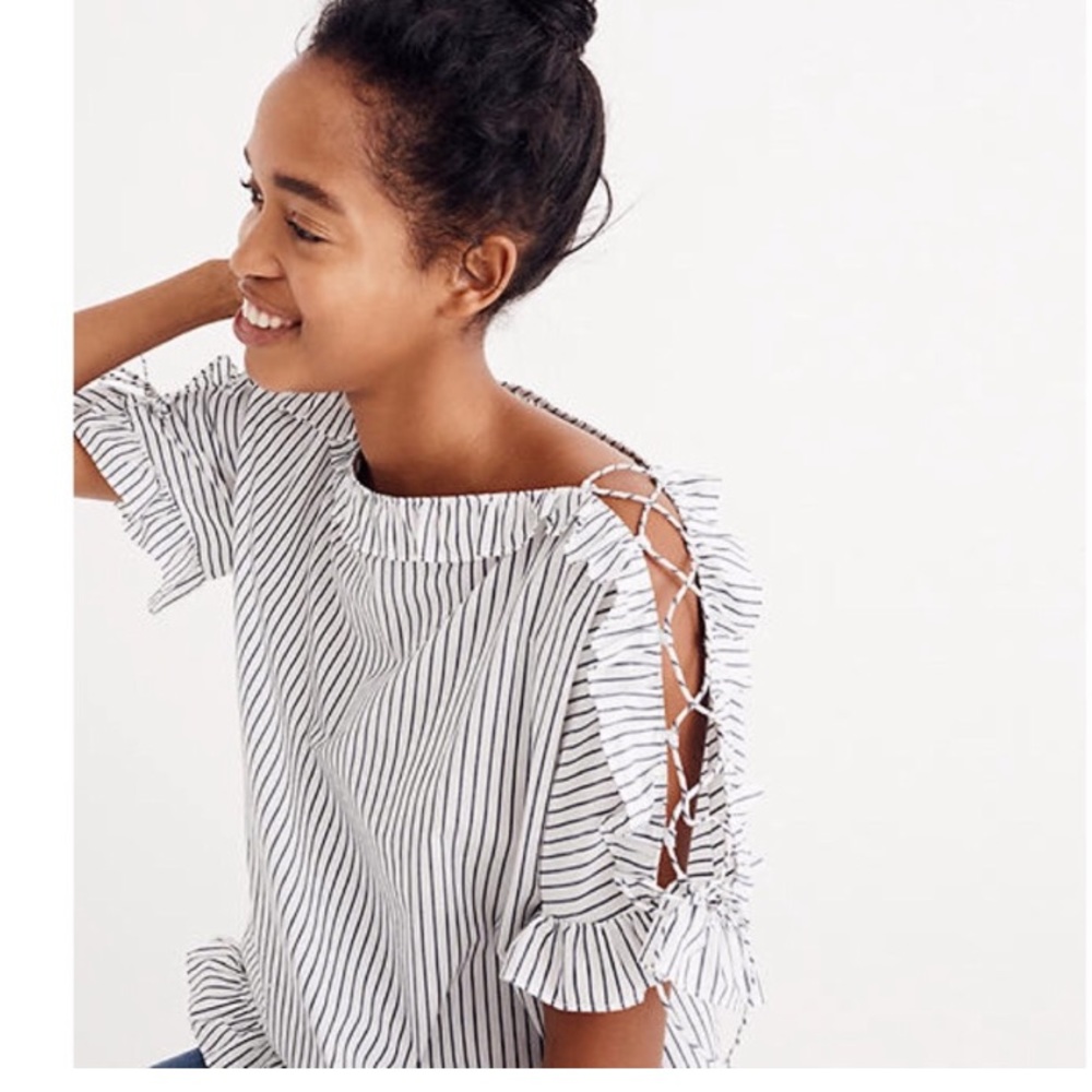 Madewell Ruffled White and Black Striped Lace-up Sleeve Top XS Cotton